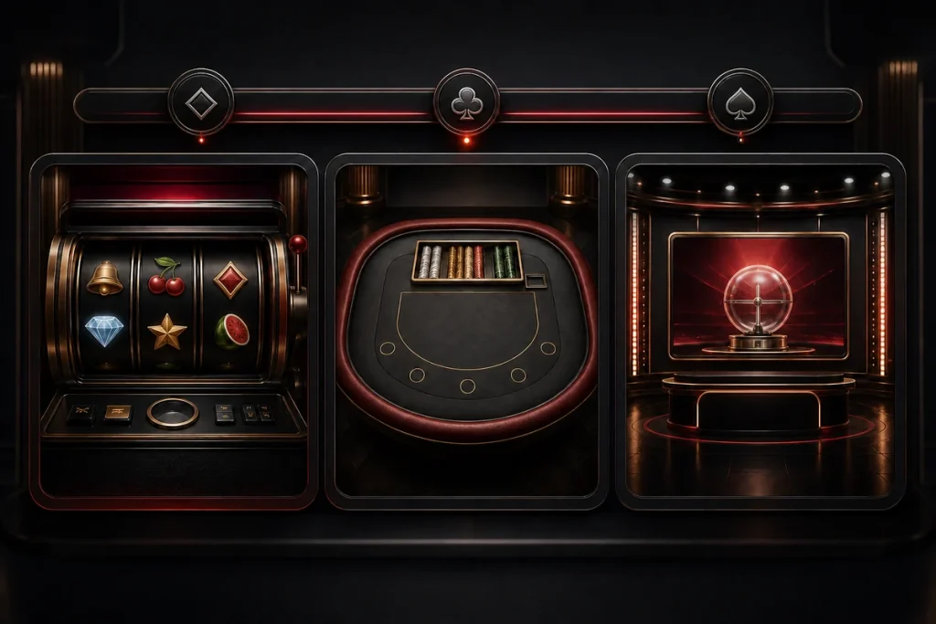 Slot, canlı casino ve TV oyunları bölümlerinin ayrı yapısı